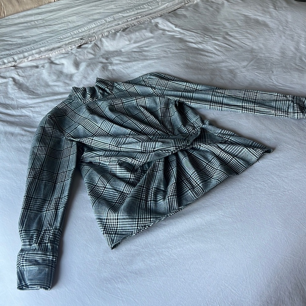 Zara Plaid Checked Wrap Waist Mock Neck Blouse